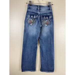 Telepatia Collection Women’s Mid Rise Jeans Skull Rose Embroidery Wide Leg 0